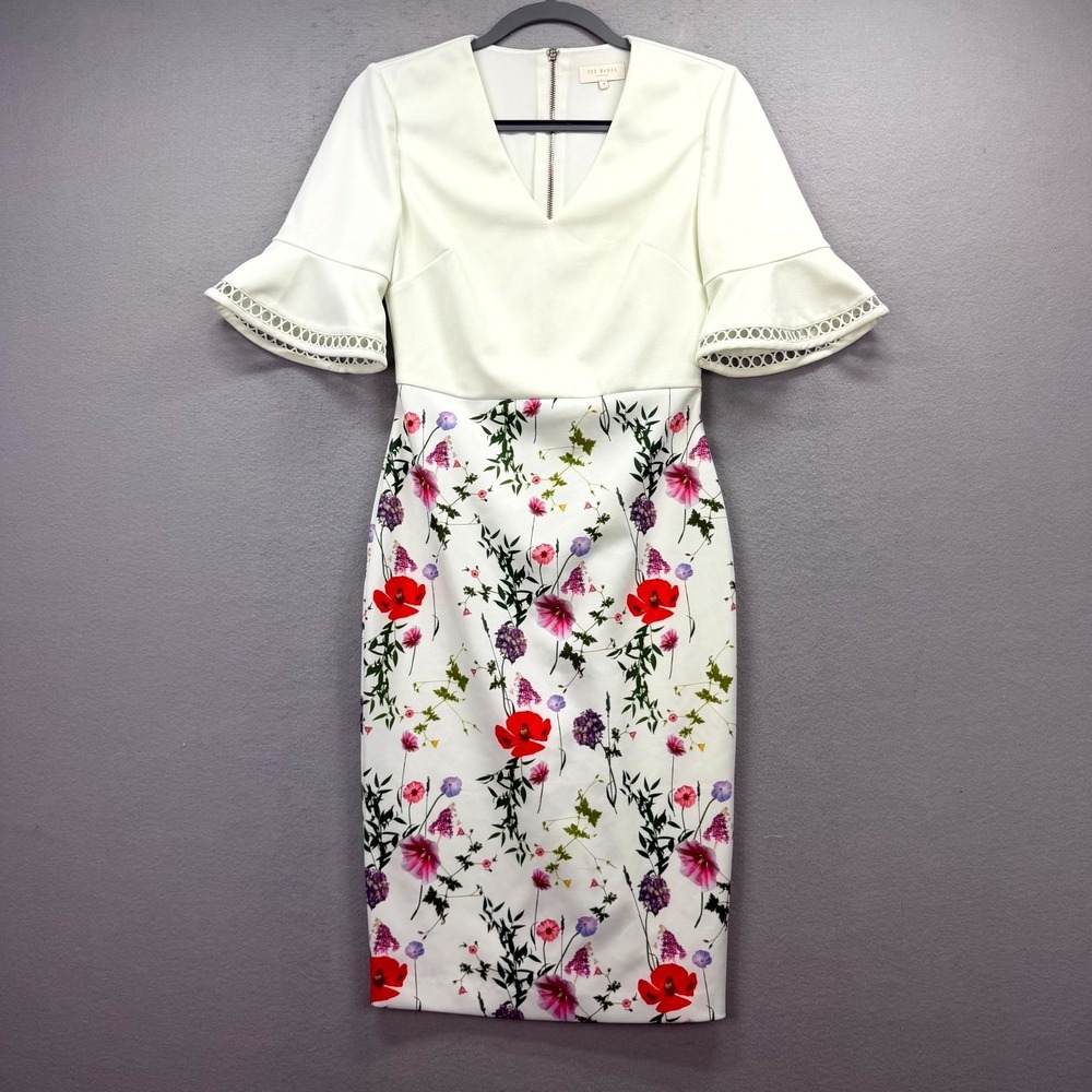 Ted Baker Bodycon Dress Womens 1 Off White Wesa Hedgerow Floral Flounce Sleeve